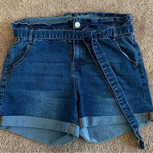 Almost Famous High-Waisted Tie Front Paperbag Denim Shorts - Size Medium